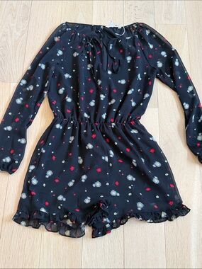 BCBGeneration Black Floral Long-Sleeve Romper with Tie Neck